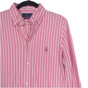 RALPH LAUREN Knit Oxford Women's Shirt LARGE Pink Striped Long Sleeve Cotton
